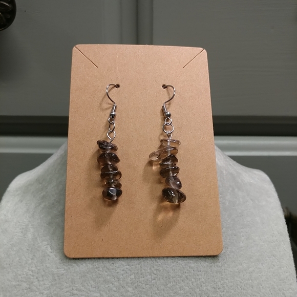 Smoky Quartz Earrings Natural Gemstone Crystal Bead Surgical Stainless-Steel - Picture 9 of 11